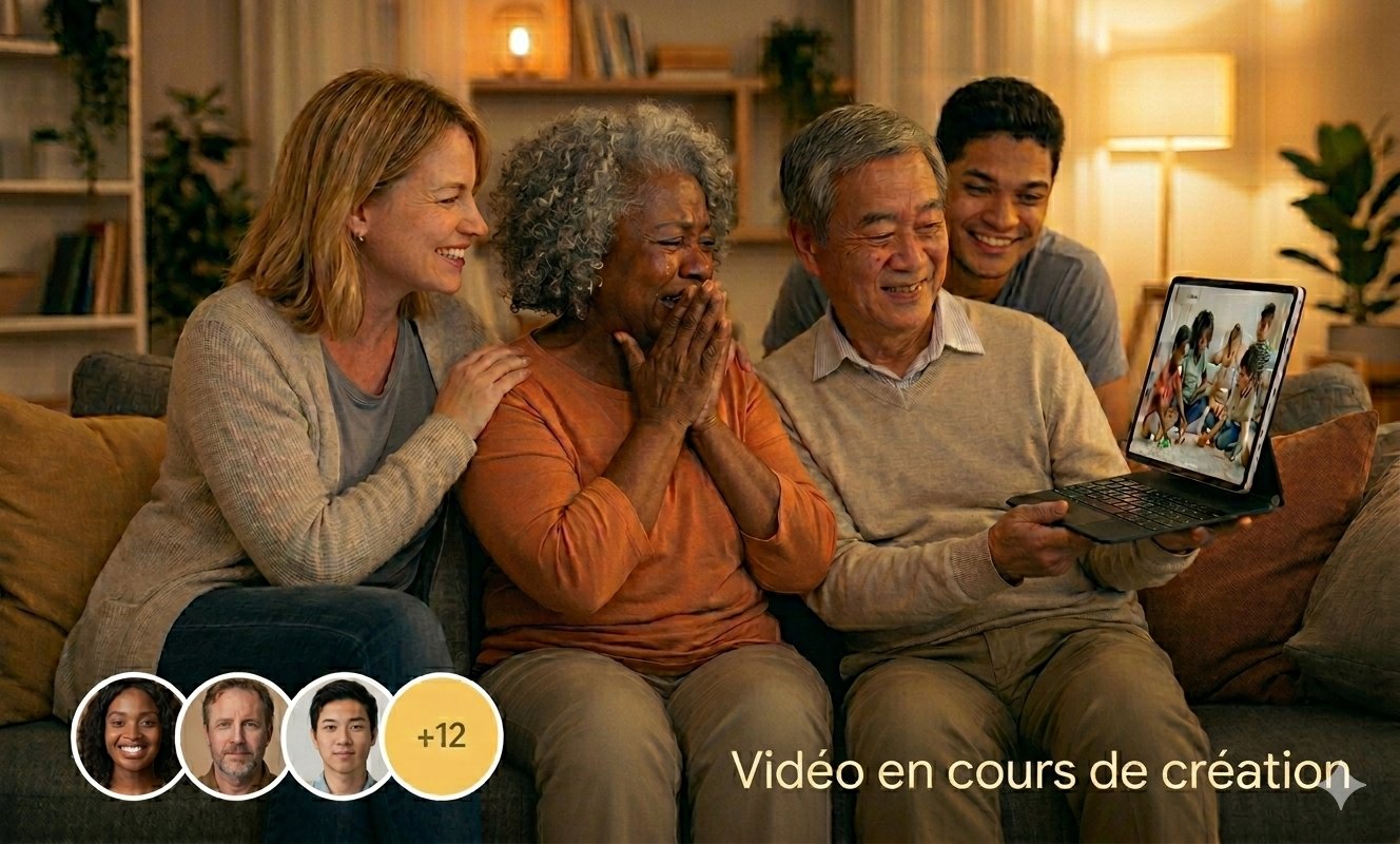 Groupe d'amis et de collègues regardant ensemble une vidéo souvenir collective créée sur Bobette